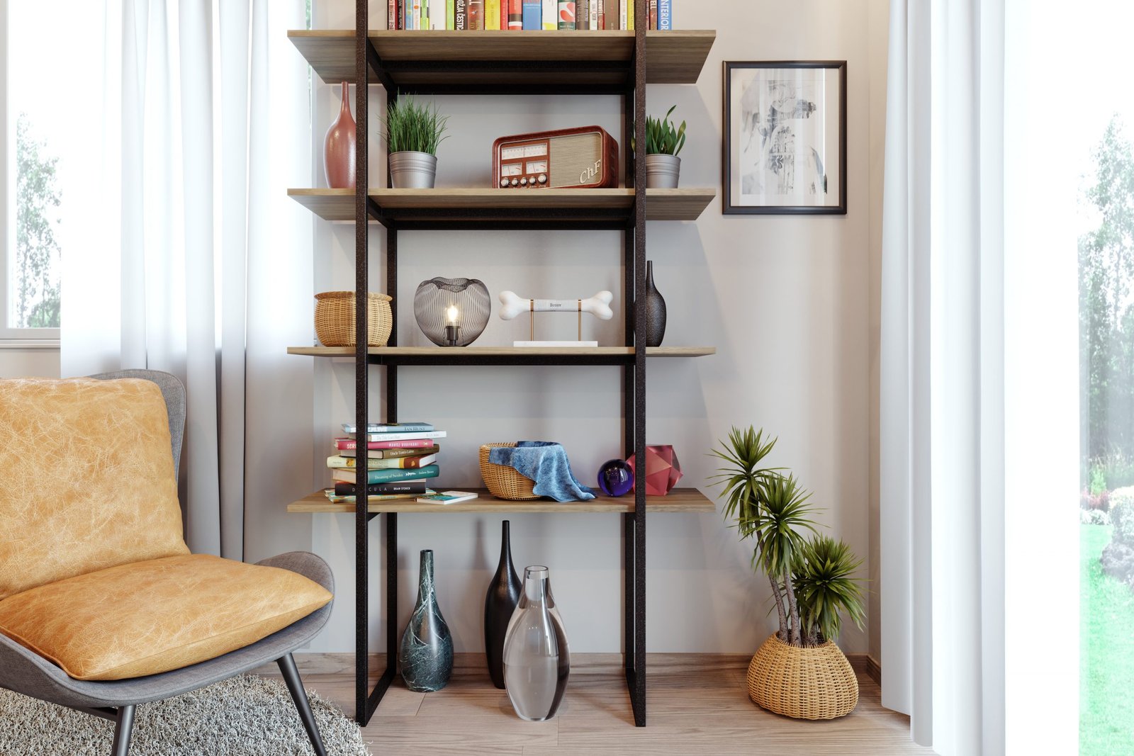 Render di libreria legno metallo